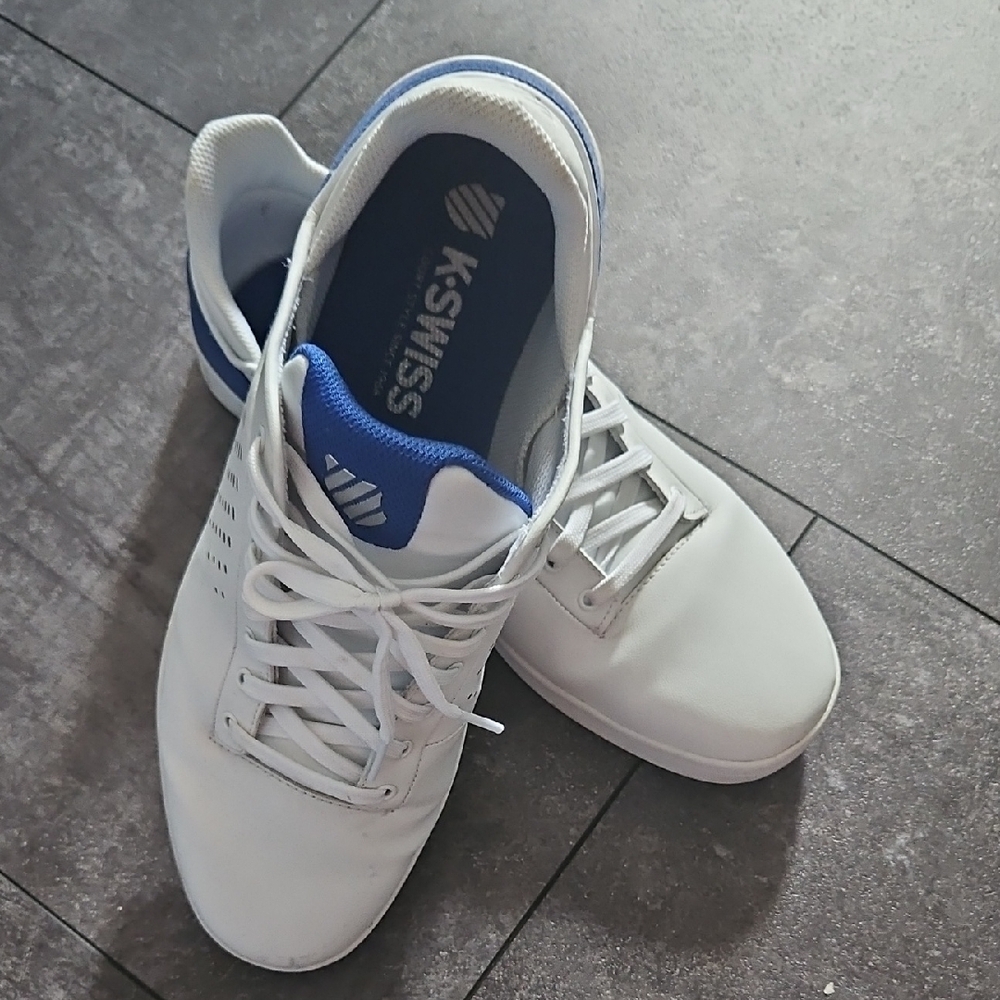 K-Swiss White and Blue Athletic Shoes with Padded Collar